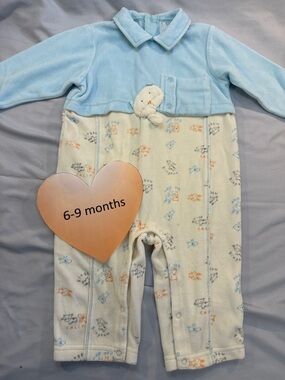 Kingkow - Baby Blue and Cream Velour Onesie with Animal Print